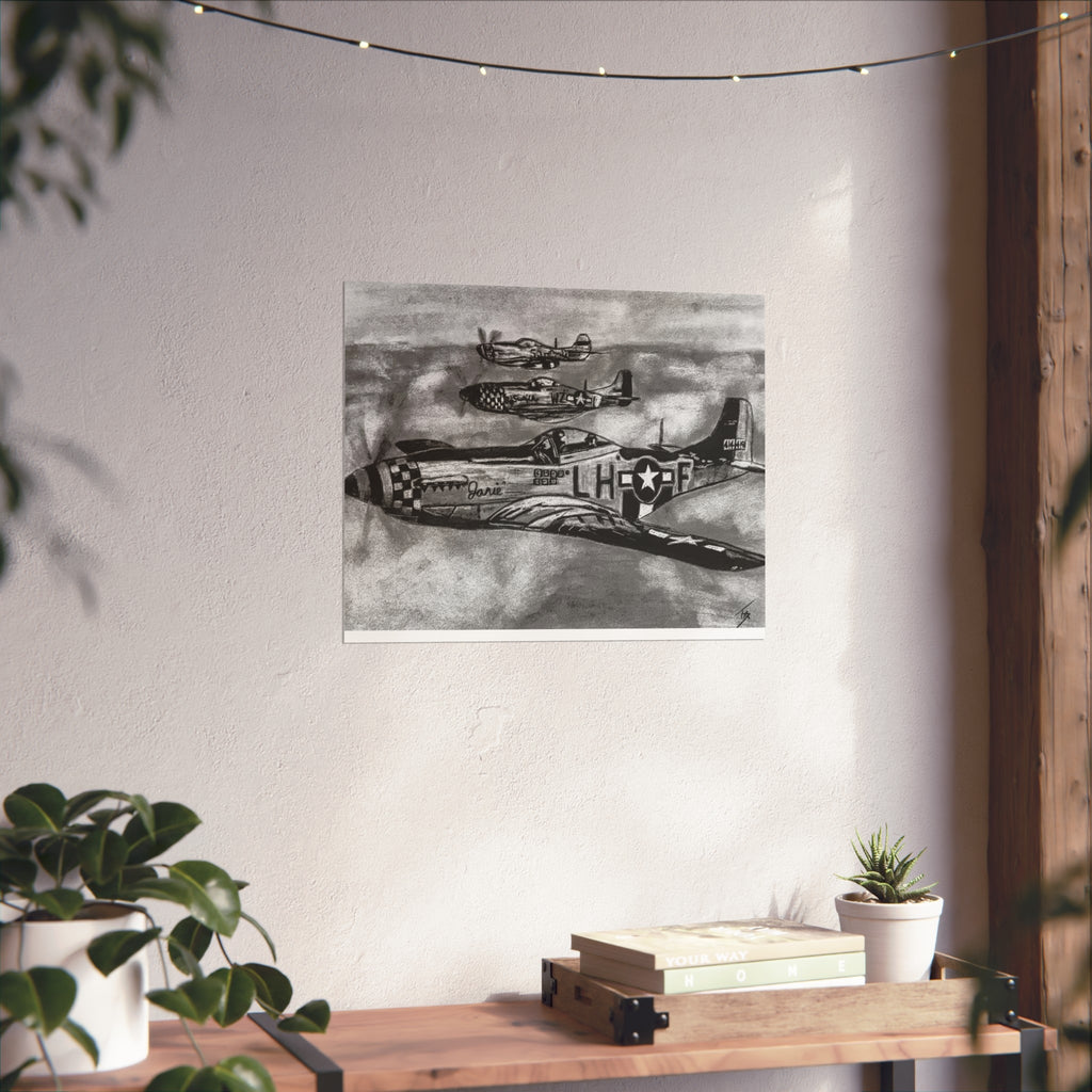 P-51 Mustang Formation- Open Edition Print - Charcoal Drawing