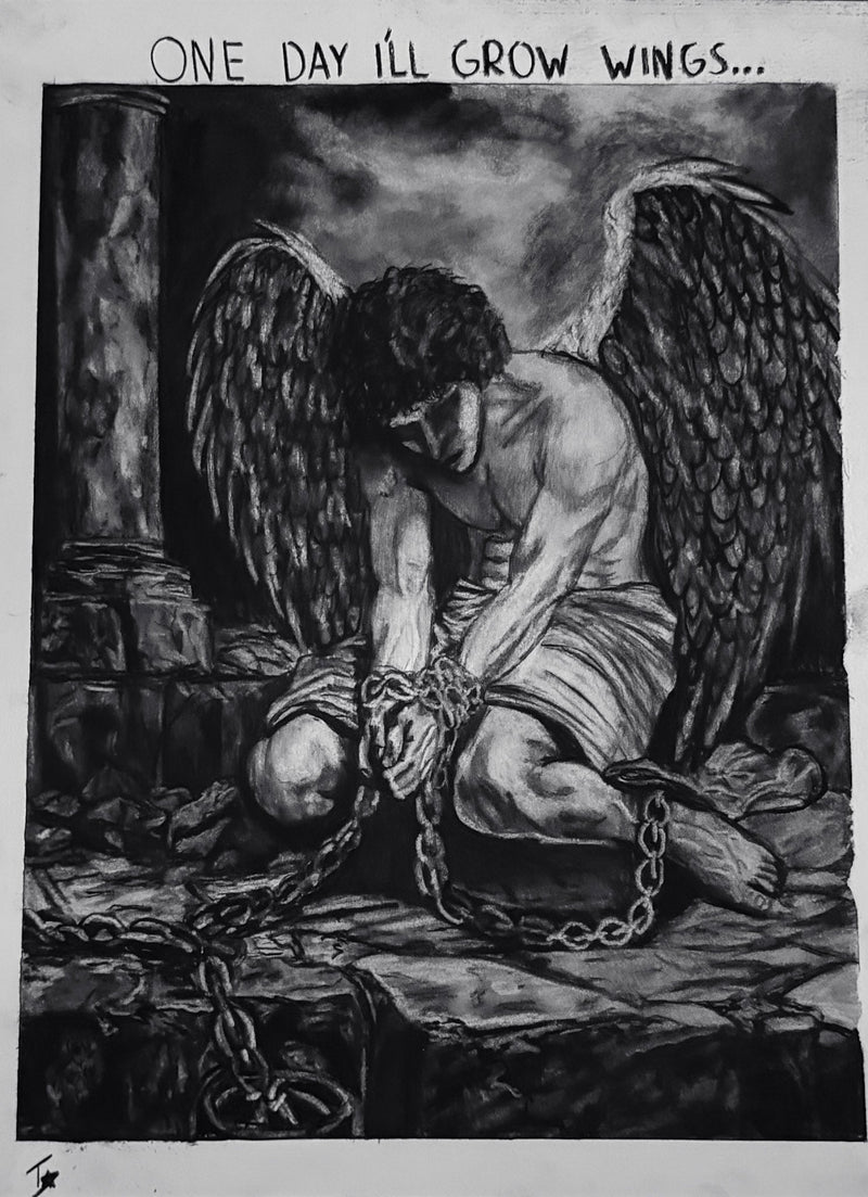 A black and white hand-drawn illustration of a winged, chained figure kneeling in a dark scene, with the text 'ONE DAY I'LL GROW WINGS.