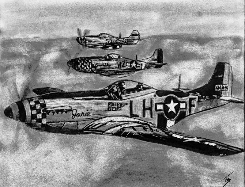 Original charcoal drawing depicting three World War II P-51 Mustang fighter planes flying through clouds.